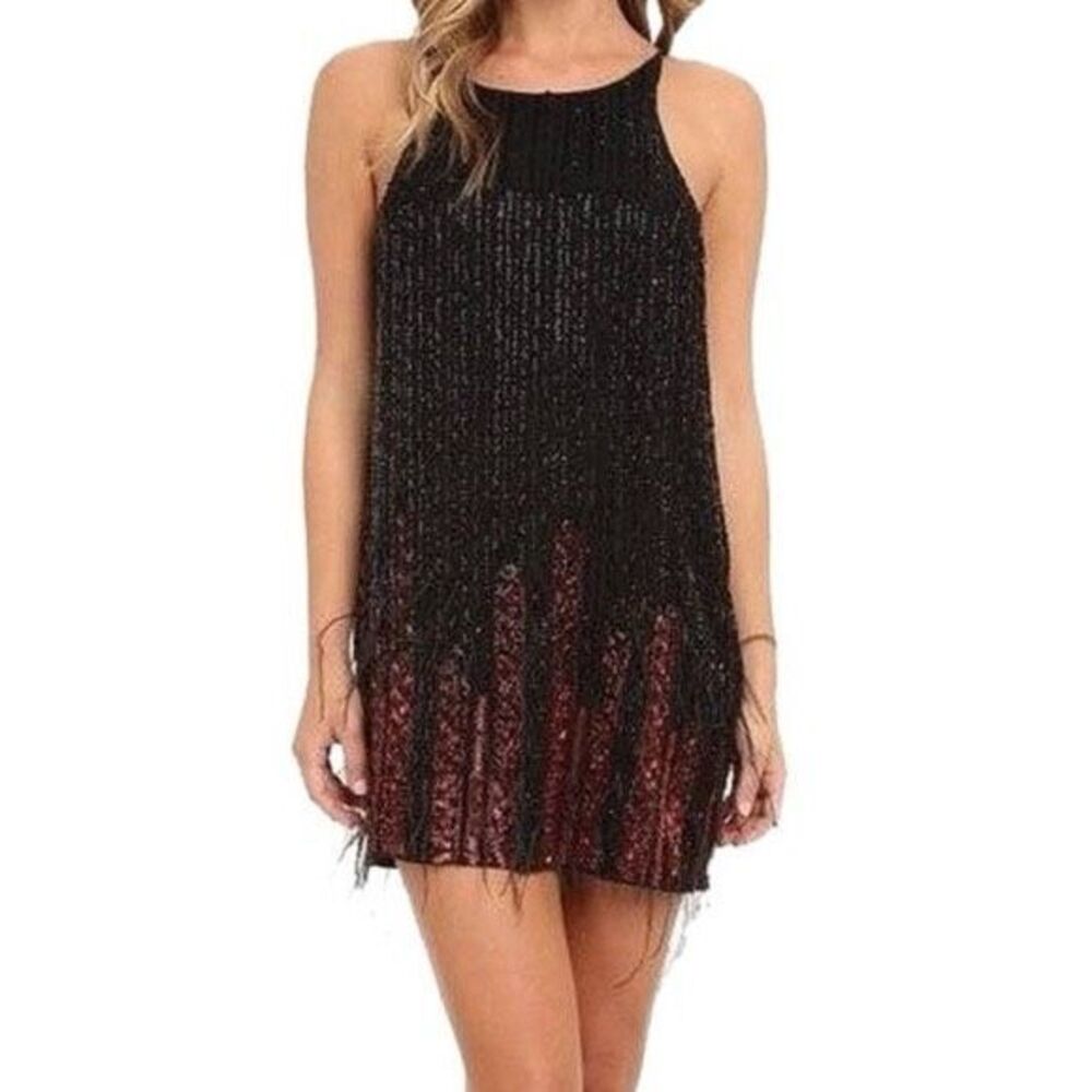 Parker Monaco Mini Dress Womens Medium Black Beaded Feather Sleeveless Cocktail